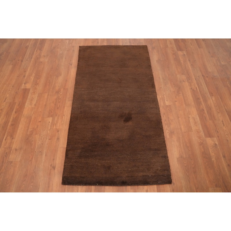 Hand Knotted Oriental 100% Wool Carpet Modern Solid Brown Gabbeh Runner Rug - 4' 7'' X 2' 4''
