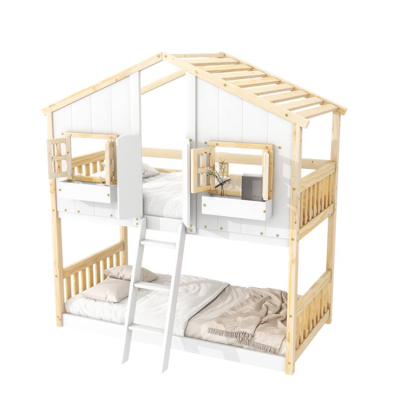 House-shaped Bed Frame Twin Over Twin Bunk Bed with Roof, Door, Windows, Guardrails and Ladder, No Slats on Lower Bed