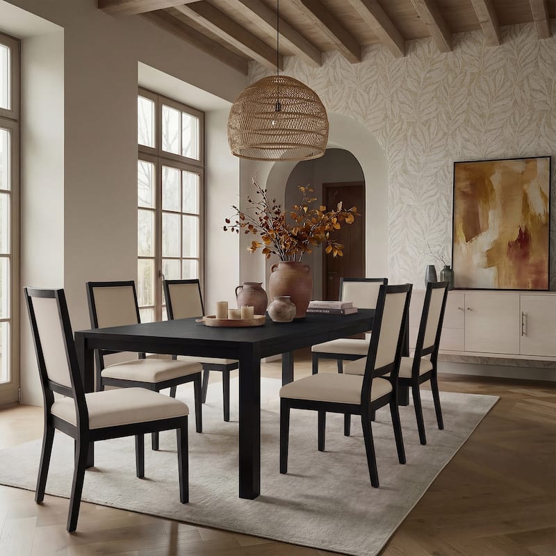 Modern Linen Cushioned Dining Chair, Fully Upholstered Accent Chair - Set of 6 - Black