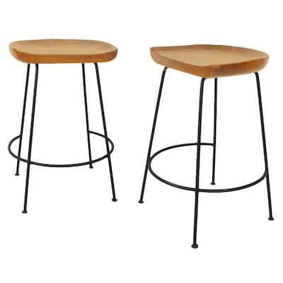 Set of Two 25" Chestnut and Black Solid Wood and Steel Backless Counter Height Bar Chairs