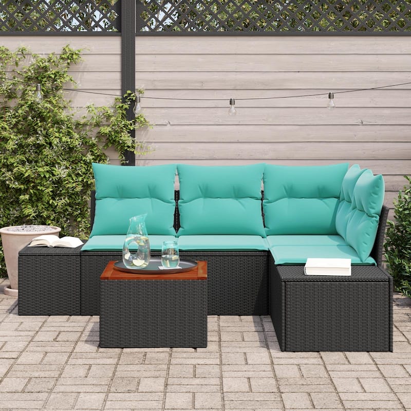 vidaXL 5 Garden Sofa Set with Cushions Black/Grey Poly Rattan - 82.3 x 60.6 x 27.2