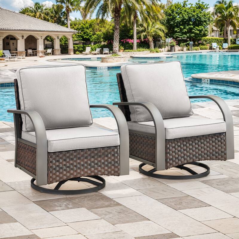 Outdoor Swivel Rcoker Chairs Set of 2 - Beige Cushion - Brown