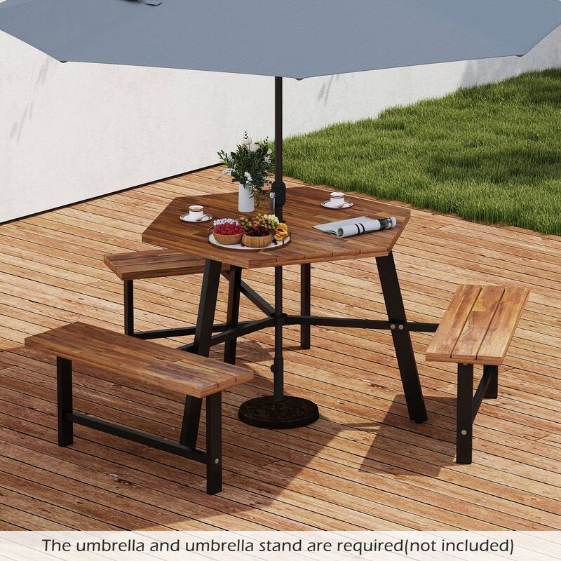 Gymax 6 Person Acacia Wood Picnic Table Bench Set w/3 Seats Umbrella