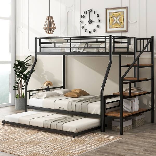 slide 2 of 30, Twin over Full Size Metal Bunk Bed with Trundle Black