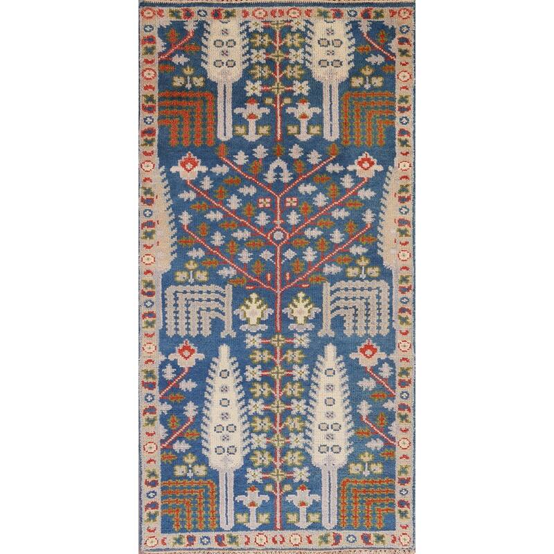 Blue Oushak Indian Foyer Rug Hand-Knotted Wool Carpet - 2'7" x 6'0"
