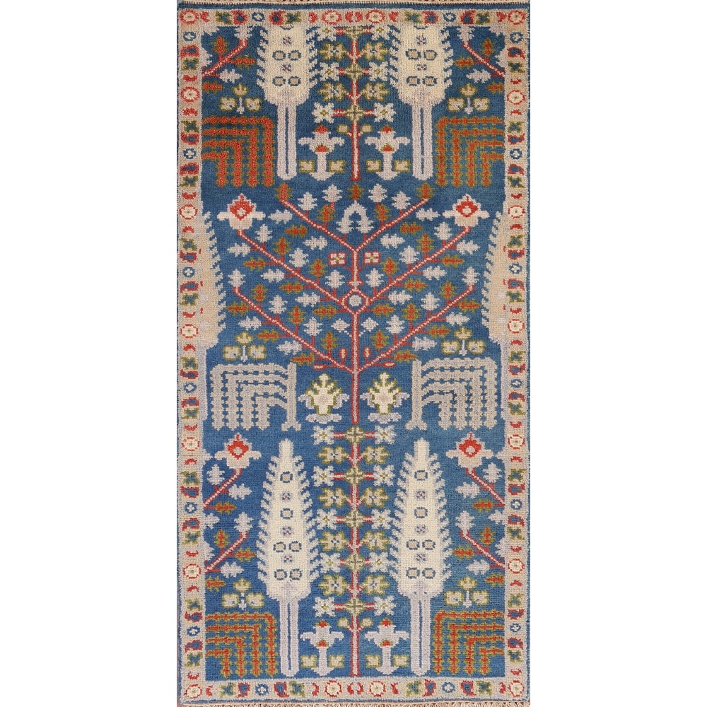 Hand Knotted Oriental 100% Wool Carpet Transitional Geometric Navy Blue & Blues Oushak Area Rug - 6' 0'' X 2' 7''