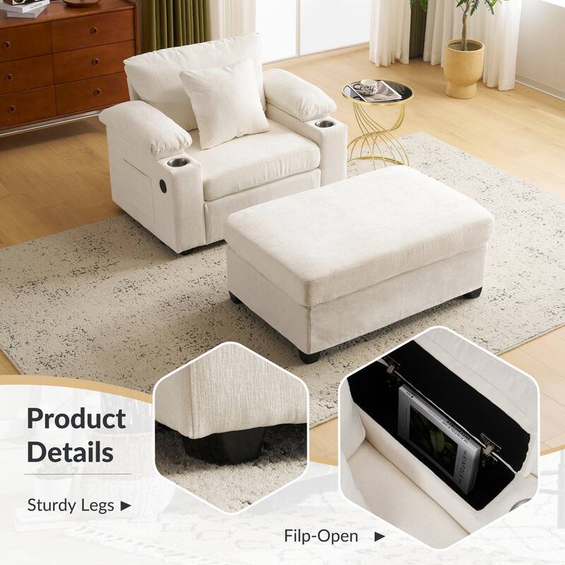 GDFStudio - Ethan Blake Oversized Chenille Chair Bed with Ottoman, Storage & USB Charging for Lounge & Apartment Living