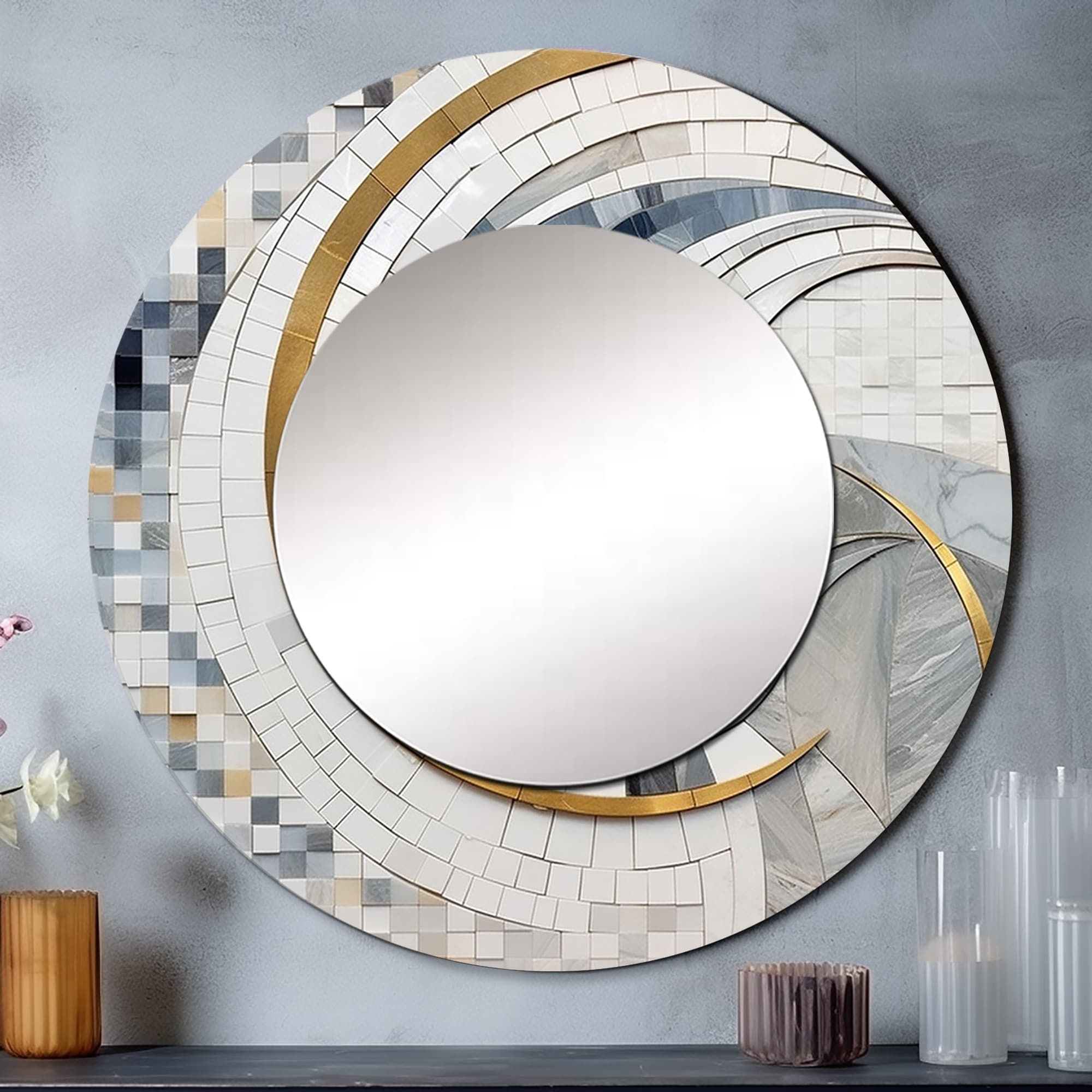Designart "Grey and Yellow Mosaic II" Abstract Shapes Large Round Mirror - Modern Grey Round Printed Mirror