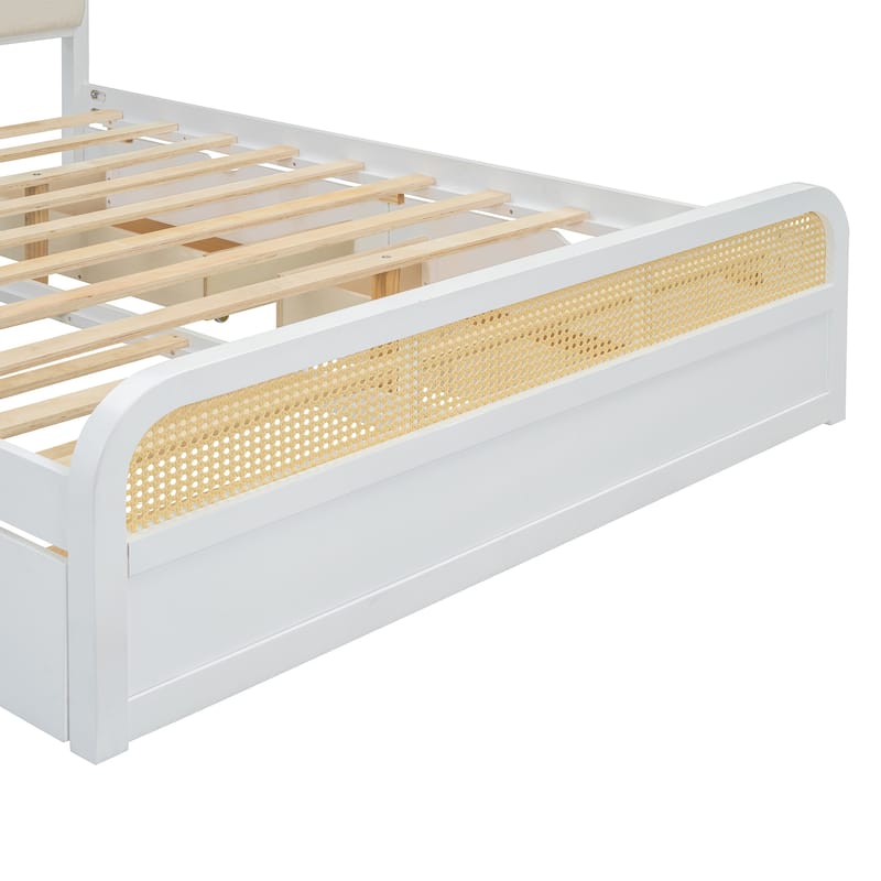 Boho Cane Wooden Platform Bed Queen Storage Bed with Wooden Headboard, Trundle and 2 Storage Drawers