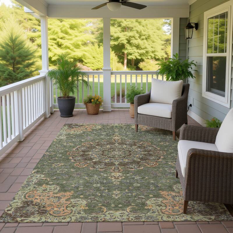 Machine Washable Indoor/ Outdoor Traditional Awaka Chantille Rug - Olive - 10' x 14'