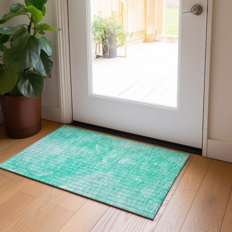 Machine Washable Indoor/ Outdoor Chantille Abstract Watercolor Rug - Teal - 1'8" x 2'6"