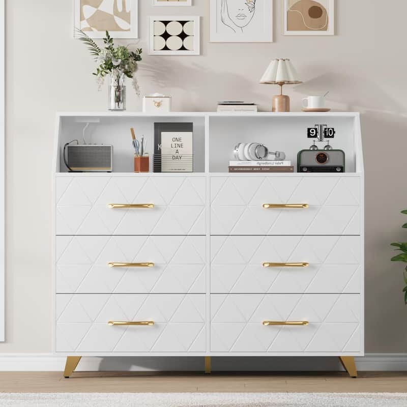 6 Drawer Dresser for Bedroom with LED Lights & Charging Station - White