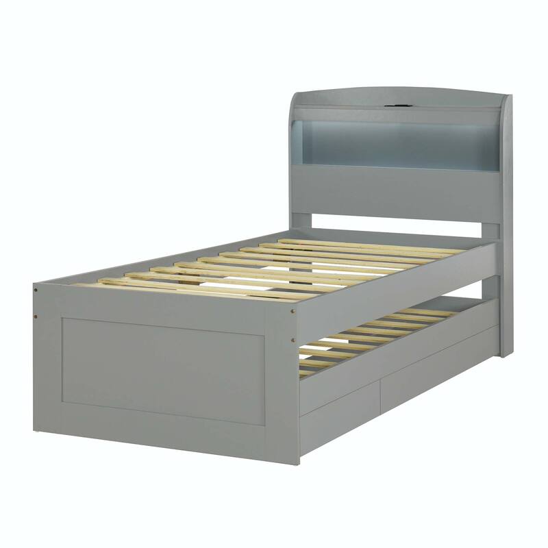 Twin XL Size Platform Bed with LED Headboard and Twin Trundle