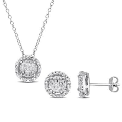 Miadora 1/2ct TDW Diamond Clustered Halo Stud Earrings and Necklace Set in Sterling Silver