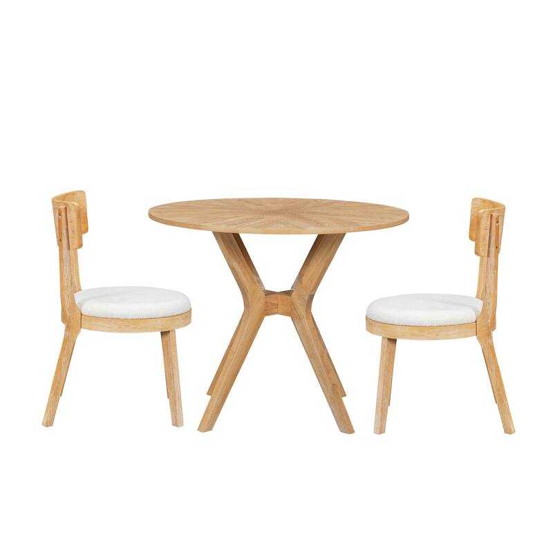 Modern 39.4" Round Dining Table Set with 2 Chairs, Intersecting Wooden Legs, Rubberwood & Plywood Construction
