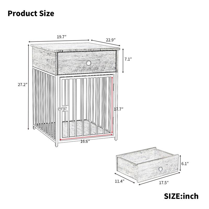 Dog Crate Furniture, Dog House, Decorative Dog Kennel with Drawer, Indoor Pet Crate End Table for Small Dog, Iron-Tube Dog Cage