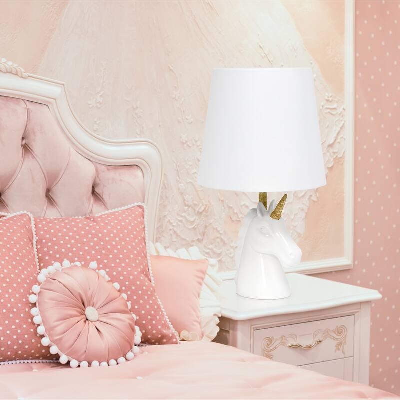 16 in. Gold Finish Unicorn Base Table Lamp with White Shade, Childern's Bedroom Lamp