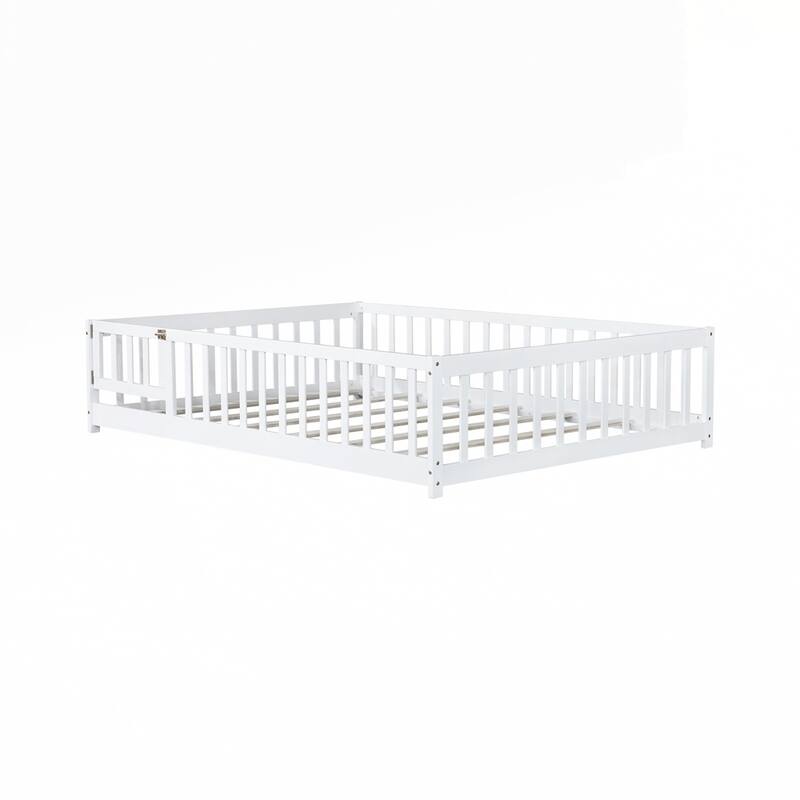 Rubber Wood Floor Bed with Safety Guardrails