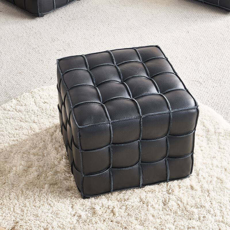 Genuine Leather Tufted Ottoman, High-density Foam Square Footstool, Upholstered Shoe Stool for Living Room, Bedroom