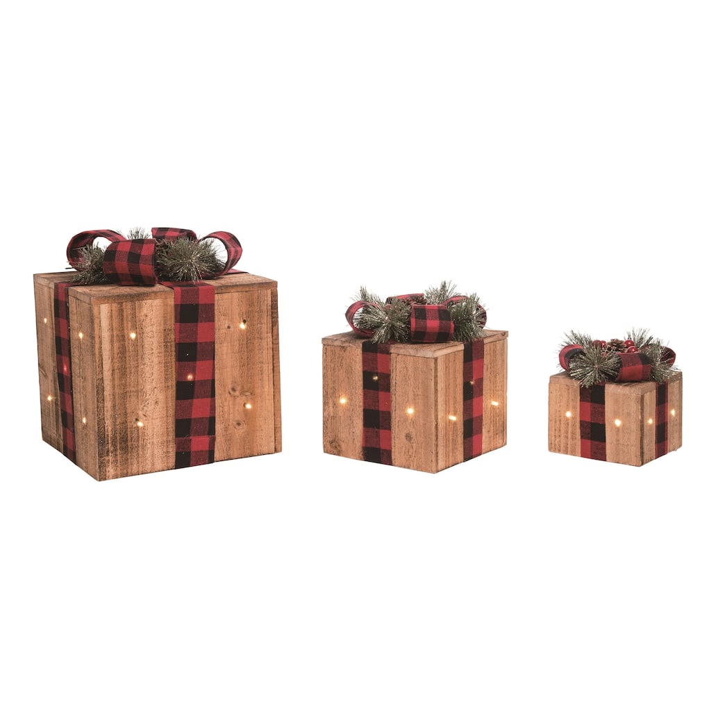 Transpac Wood 10 in. Multicolor Christmas Light Up Gift Boxes with Bow Set of 3