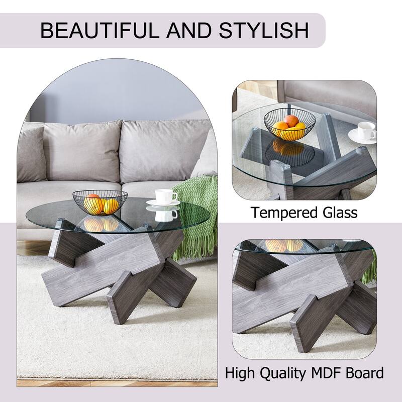 33.4" Modern Round Coffee Table with Clear Tempered Glass Top and MDF Legs for Living Room