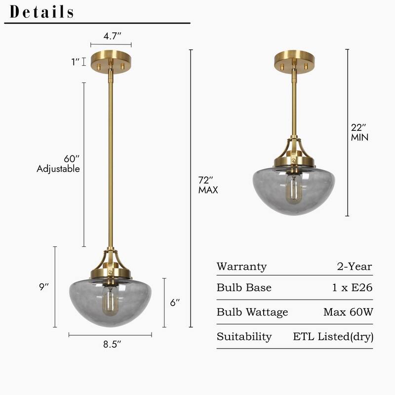 Modern 1-Light Gold Kitchen Island Pendant Light Grey Glass Hanging Light for Dining Room - 8.5"Dia x 22"H