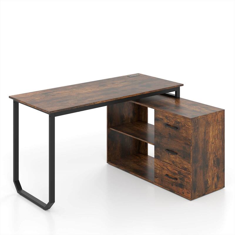 Costway L-Shaped Desk with Power Outlet 55" Reversible Computer Desk