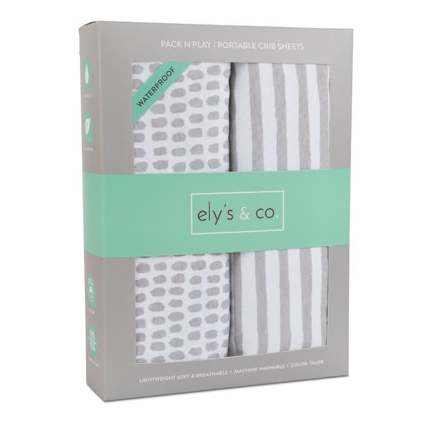 slide 2 of 25, Ely's & Co. Waterproof Pack n Play - Mini Crib Sheet Set - 2 Pack - 38" x 24" Taupe Stripes & Splash