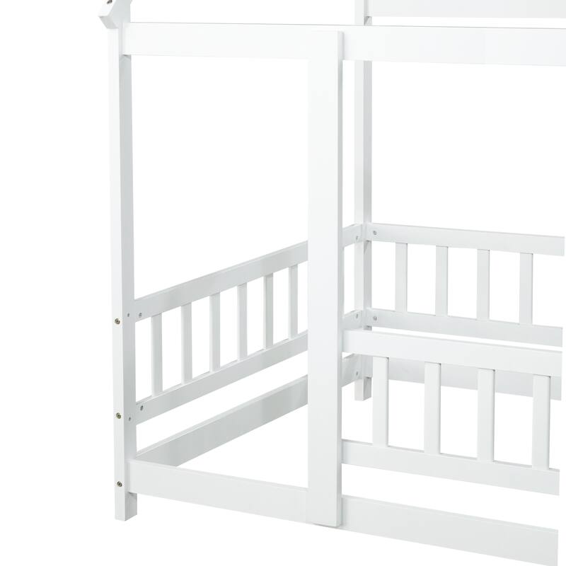 Twin Size House Floor Wooden Bed with Roof Frame,Safety Guardrails