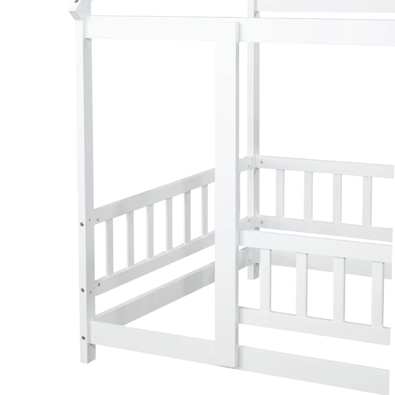 Twin Size Wooden Floor Bed with Roof Frame and Guardrails, Montessori Style Kids House Bed