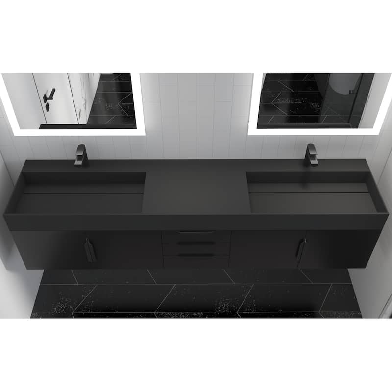 Amazon 84" Wall Mounted Double Bathroom Vanity Set w/ Black Top