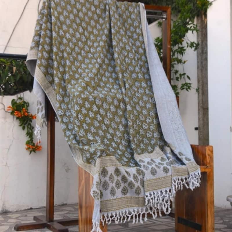 Fabdivine Betal Leaf Handwoven Cotton Blanket - Artisan Block Print Home Accent, Boho Living Room & Bedroom Throw, 90" x 54"