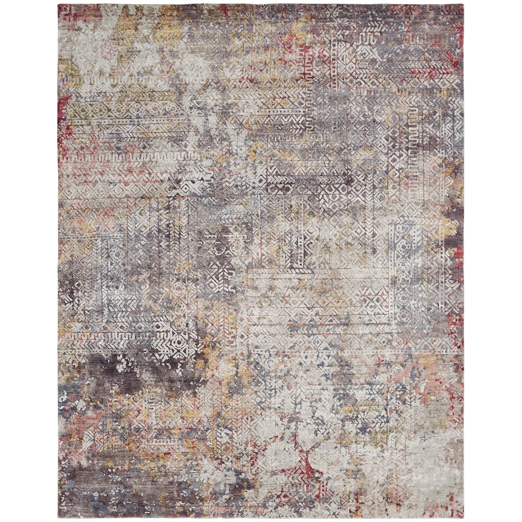 Transitional Multi-Colored Hand-Knotted Viscose Area Rug