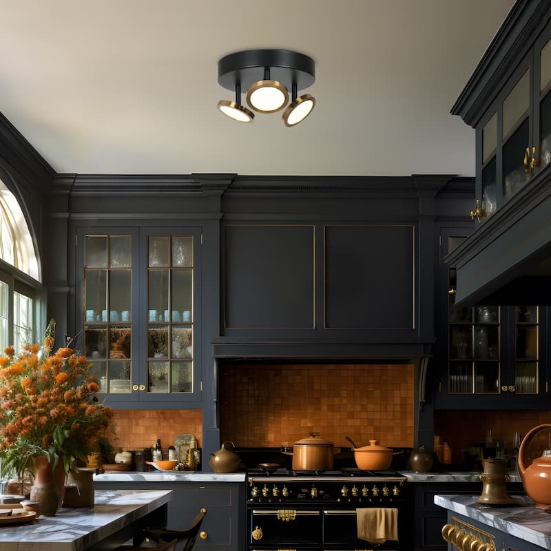 Modern 3-Light 9'' Black Gold LED Semi Flush Mount Kitchen Ceiling Lights - D 9" x H 5.5"