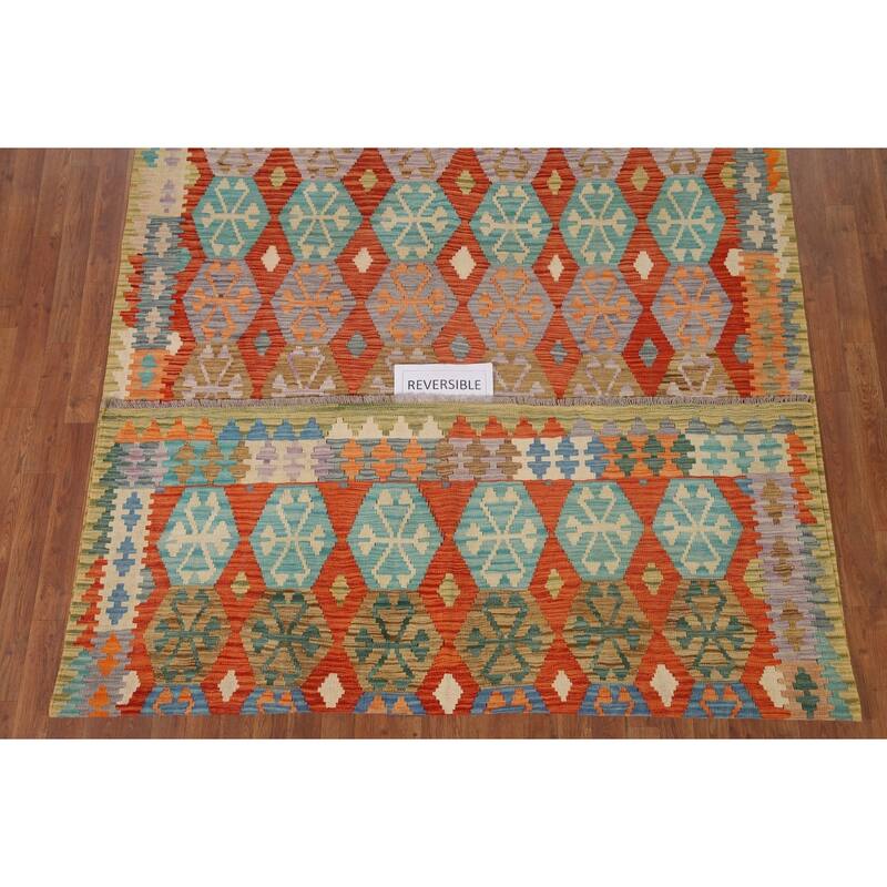 Hand Woven Oriental 100% Wool Carpet Southwestern Geometric Oranges & Rust Kilim Area Rug - 9' 9'' X 6' 5''