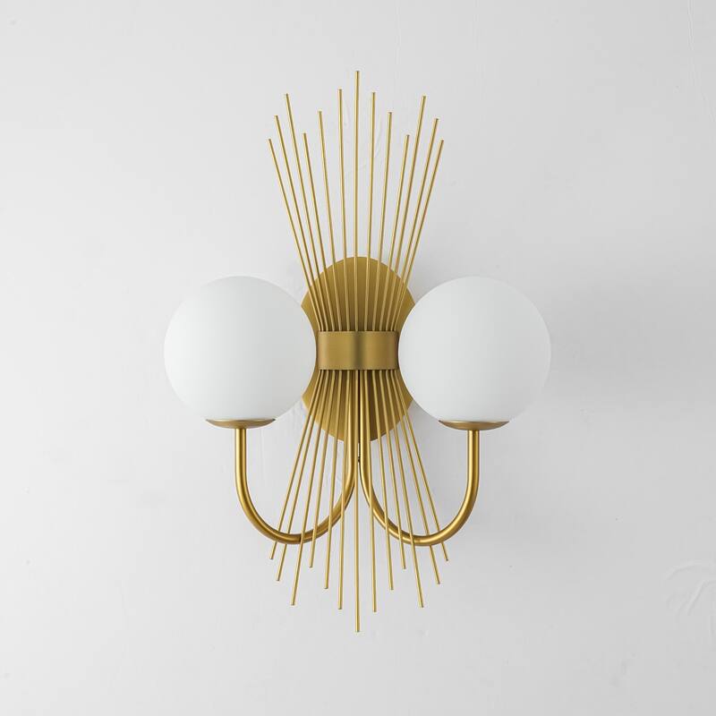 18.9" W 2-Light Mid-Century Modern Brushed Gold Sunburst Sputnik Wall Sconce with Milk Glass Globes