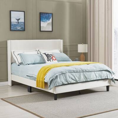 Velvet Tufted Upholstered Bed Frame + Raised Wingback Headboard, Queen Size