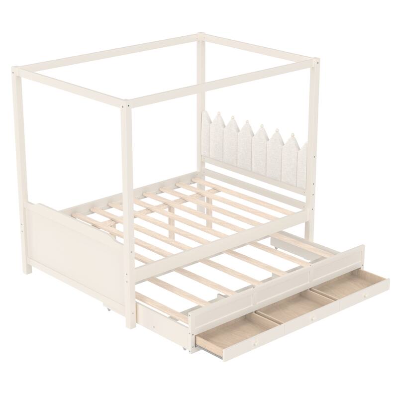 Full/Twin Platform Bed with Upholstered Headboard, Trundle & 3 Drawers, Princess Canopy Bed