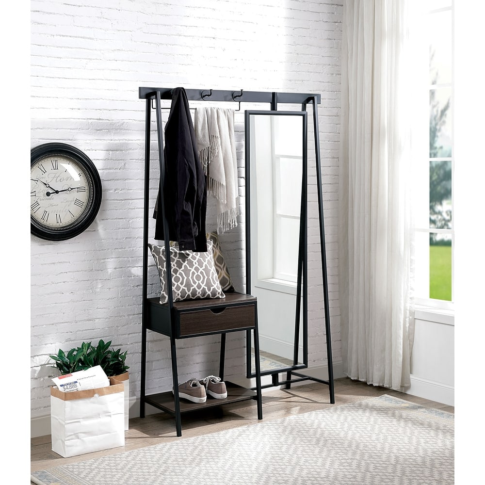Drindel Contemporary Black Coat Stand with Mirror by Furniture of America
