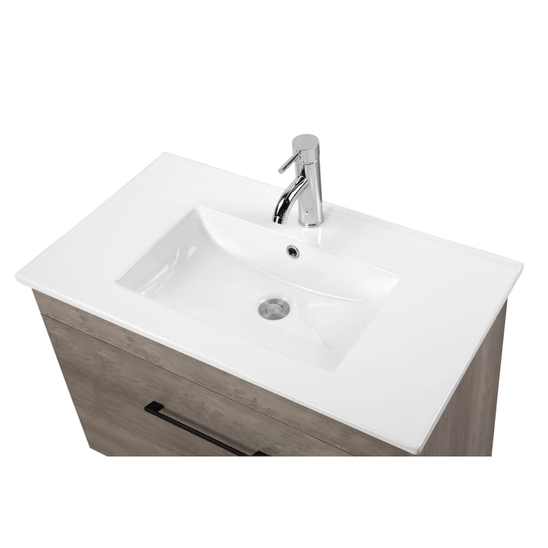 32" Wall-Mounted Bathroom Vanity with Double Drawers,White Sink,Mirror
