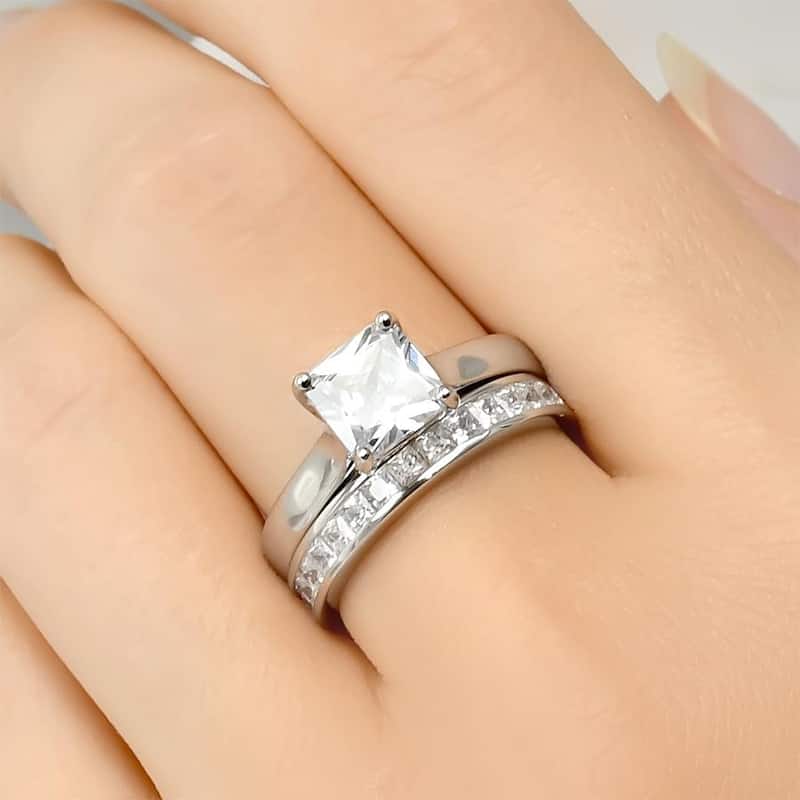 3.0 Carat Princess Cut Wedding Band Engagement Ring Set Bridal Silver