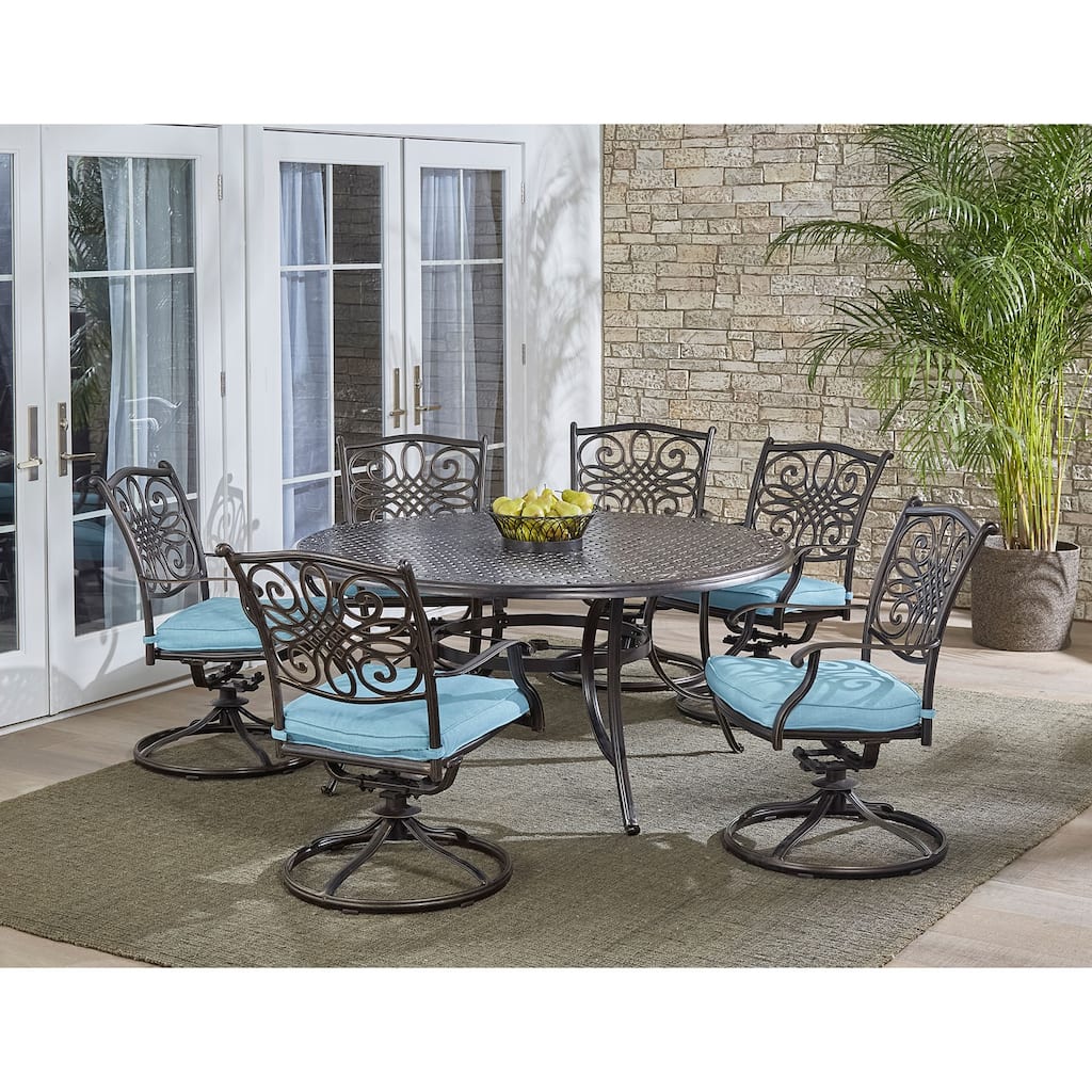 Hanover Traditions 7-Piece Dining Set in Blue with a 60 In. Round Cast-top Table and Six Swivel Rockers