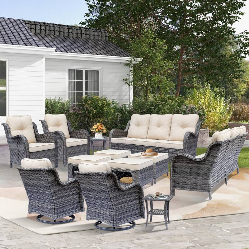 Gray Wicker Outdoor Patio Furniture Set with Swivel Rocker Patio Chairs - Beige - 12 Piece