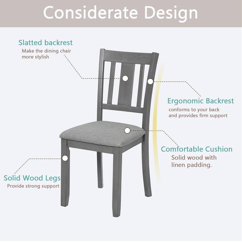 Wood Dining Chairs Set of 4, Upholstered Wooden Kitchen Chairs with Padded Seat & Rubber Wood Frame & Slat Back, for Dining Room