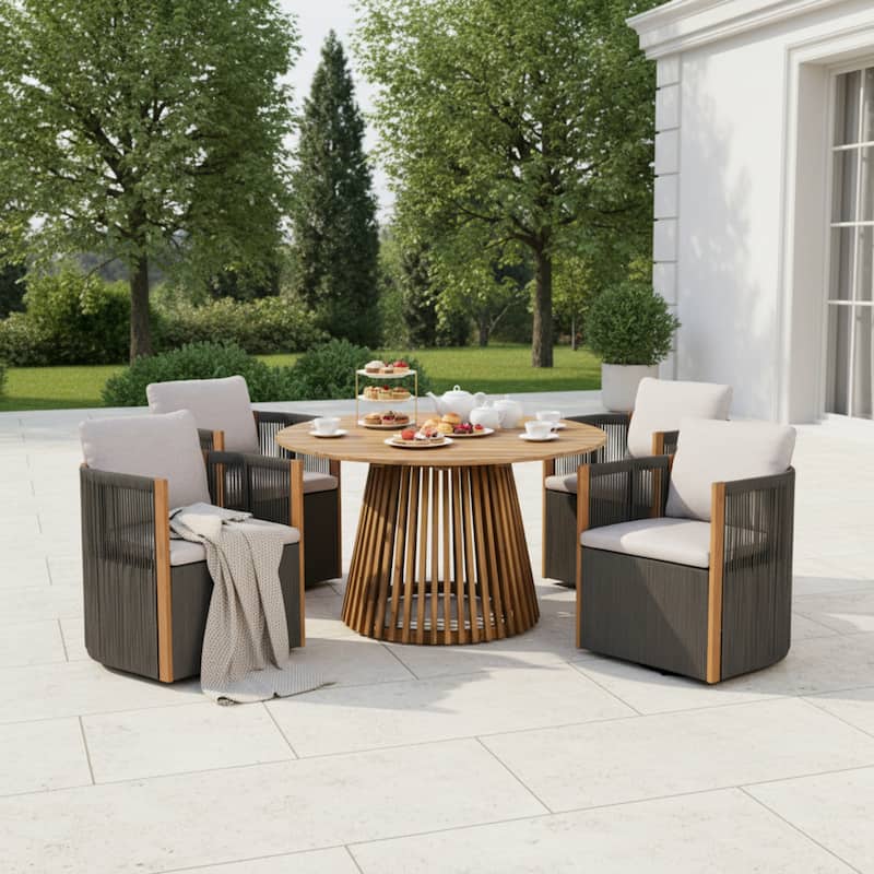 Christopher Knight Home - Roslyn 5-Piece Outdoor Acacia Wood Swivel Dining Set with Rope Woven Wicker Chairs & Round Slat Table
