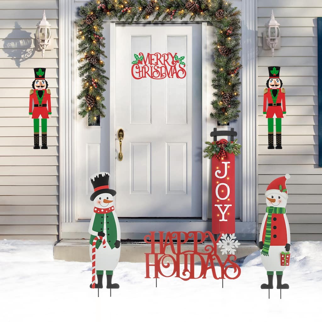 Glitzhome Metal Nutcracker Snowman with Word Sign Christmas Yard Stakes Xmas Wall Decor(Set of 3 )