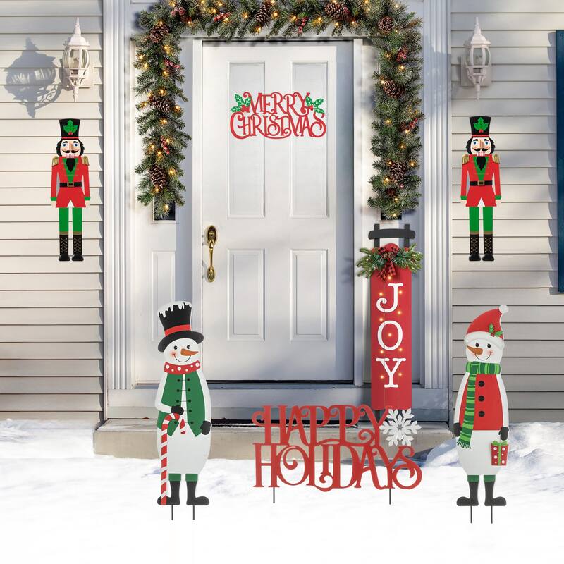 Glitzhome Metal Nutcracker with MERRY CHRISTMAS or Snowman with HAPPY HOLIDAYS Yard Stakes Wall Decor(Set of 3 )