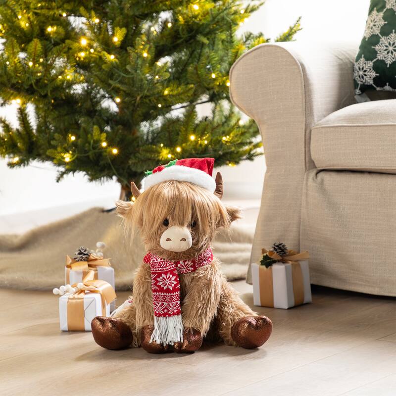 Glitzhome Fabric Christmas Yeti Snowman Highland Cow Shelf Sitters or Standing Figurines Decor - Cow