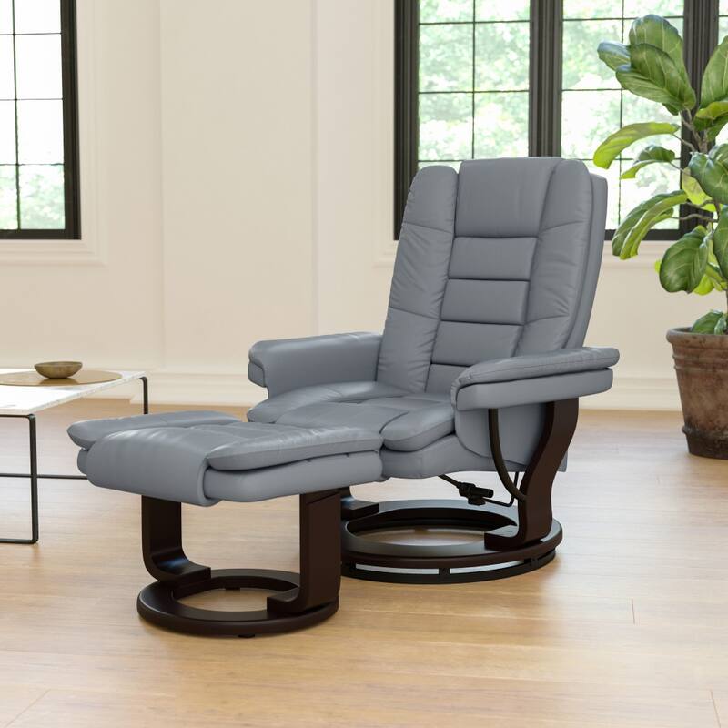 Contemporary LeatherSoft Recliner with Horizontal Stitching and Ottoman - Gray