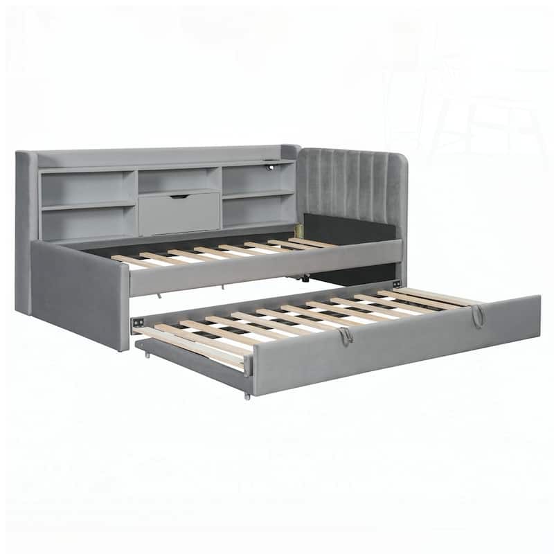 Upholstered Daybed with Trundle and Storage Shelves